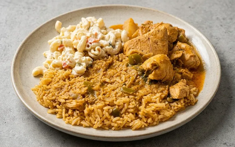 Marinated boneless chicken with Spanish yellow rice and macaroni salad